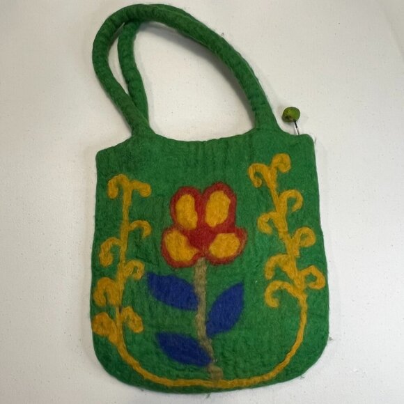 Green Floral Tote Nepal Vintage Boho Cottagecore Yellow Woven Small Vacation - Picture 1 of 8